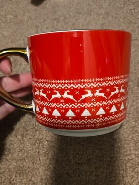 Festive Red Holiday Reindeer Mug with Gold Handle